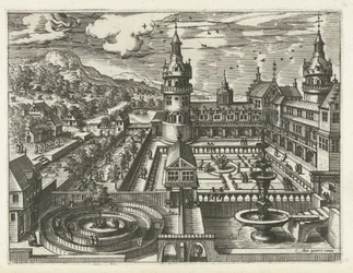 Slott med labyrint och fontän Landskap, havslandskap och fantasifulla stadsbilder (serietitel)