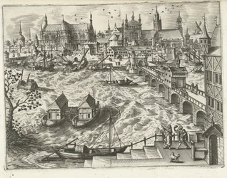 Stadsbild med bro och hamn Landskap, havslandskap och fantasifulla stadslandskap (serietitel)