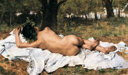 "" Ung Bacchus "" Bacchus från ryggen förlängs på ett lakan i gräset. Målning av Joaquin Agrasot y Juan (1836-1919) Runt 1872 Valencia. Museum of Bellas Artes San Pio V.