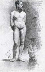 Akademisk manlig nakenstudie med grekisk urna, 1883