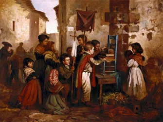 Barn som leker i den religiösa processionen, målning av Joaquim Vayreda y Vila