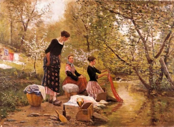 "The Washerwomen" målning av Joaquim Vayreda i Vila (1843-1894). 1883