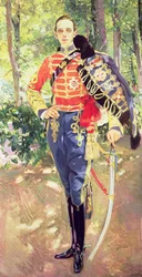Porträtt av kung Alfonso XIII (1886-1941) i husaruniform