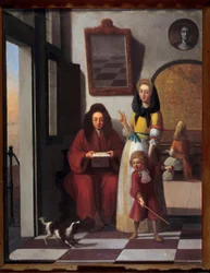 Genrescen En familj i en interiör. Mamman låter sin son leka med hunden. Målning av Job Berckheyde (1630-1696) 1600-talets Avignon, Calvet Museum