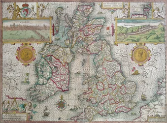 Karta över kungariket Storbritannien och Irland, 1610 (handfärgad gravyr)