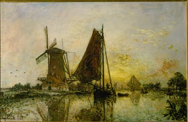 Båtar och väderkvarnar i Holland (olja på duk)