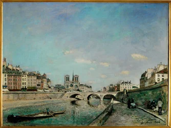Seine och Notre-Dame de Paris, vy från Quai des Grands Augustins med Pont Saint Michel (målning på duk)