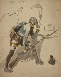 En menig infanterist i linjen (möjligen 27:e regementet, Hesse Cassell), 1790-1809 (akvarell)
