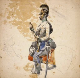 En soldat från 5:e dragonregementet visas ladda sin hästpistol, 1840-1850 (penna och vattenfärg)