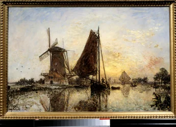 Holländskt landskap, båtar nära bruket Målning av Jean Barthold Jongkind (1819-1891) 1868 Sön. 0,52x0,81 m Paris, Musee d