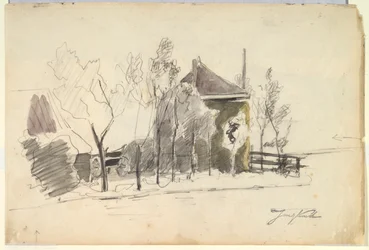Hövagn på en bondgård (recto); Utsikt över en gård (verso)