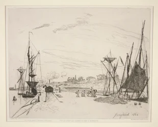 Utsikt från hamnen till järnvägen? Honfleur (Utsikt över hamnen från järnvägen i Honfleur)