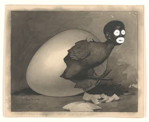 Förslag till illustration i De Amsterdammer: en svart man kryper ut ur ett ägg (19 april 1930)