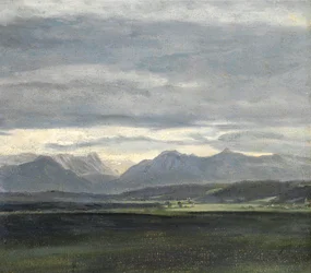Studie av ett landskap med puderblå himmel över berg