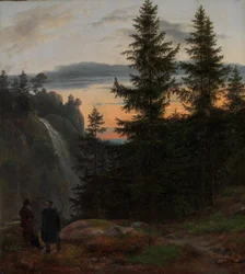 Två män framför ett vattenfall vid solnedgången, 1823