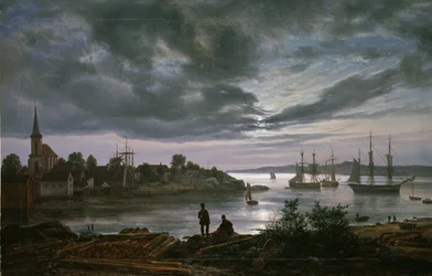 ""Vue de Larvik au clair de lune, Norvege"" Peinture de Johan Christian Clausen Dahl (1788-1857) 1839 Oslo, museum national Norvege