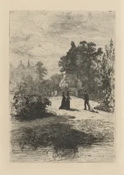 Vy över statyn av Vondel i Vondelparken