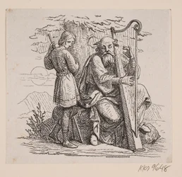 En gammal harpist och en pojke under ett träd