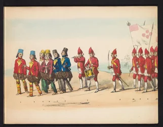 Masquerade of the Delft Students, 1857 (skylt 1) Klädd procession som hölls av medlemmarna i Delfts studentkår den 5 maj 1857, föreställande Sultanen av Djokjokartas Garebeg-procession och de mest karakteristiska typerna från Nederländerna.