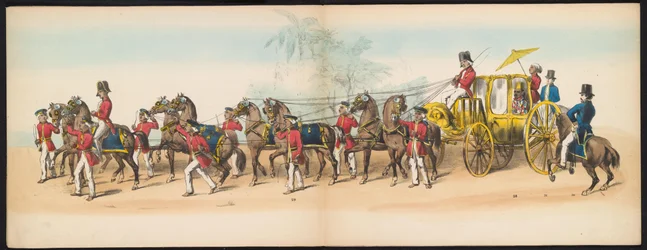 Delftstudenternas maskerad, 1857 (skylt 3) Klädd procession som hölls av medlemmarna i Delfts studentkår den 5 maj 1857, föreställande Sultanen av Djokjokartas Garebeg-procession och de mest karakteristiska typerna från N.
