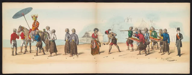 Masquerade of the Delft Students, 1857 (skylt 6) Klädd procession som hölls av medlemmarna i Delfts studentkår den 5 maj 1857, föreställande Sultanen av Djokjokartas Garebeg-procession och de mest karakteristiska typerna från Nederländerna.