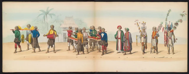 Masquerade of the Delft Students, 1857 (skylt 7) Klädd procession som hölls av medlemmarna i Delfts studentkår den 5 maj 1857, föreställande Sultanen av Djokjokartas Garebeg-procession och de mest karakteristiska typerna från Nederländerna.