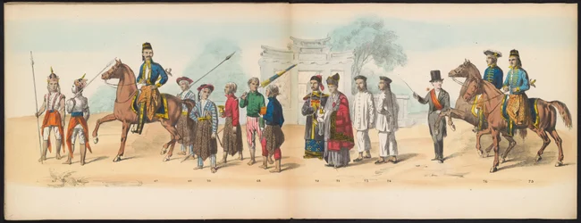 Masquerade of the Delft Students, 1857 (skylt 8) Klädd procession som hölls av medlemmarna i Delfts studentkår den 5 maj 1857, föreställande Sultanen av Djokjokartas Garebeg-procession och de mest karakteristiska typerna från Nederländerna.