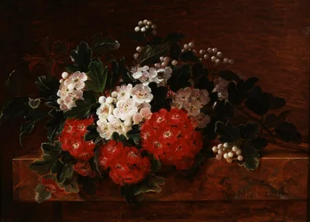 Aubepiner på en marmoravsats. Målning av Johan Laurentz Jensen (1800-1856) Privat samling.