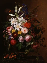 Liljor, pelargonier och rosor i grekisk vas. Målning av Johan Laurentz Jensen (1800-1856) Privat samling.