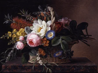 Stilleben med callistemoner, liljor, ginst, rosor och convulvus. Målning av Johan Laurentz Jensen (1800-1856) Privat samling.