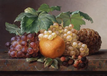Stilleben med vindruvor, björnbär, apelsin och ananas. Målning av Johan Laurentz Jensen (1800-1856) Privat samling.