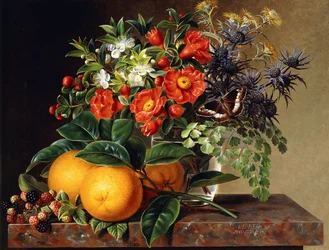 Apelsiner, björnbär och en vas med blommor på en avsats, 1834