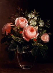 Rosor och trädanemoner i glasvas. Peinture de Johan Laurentz Jensen (1800-1856 dansk) Collection privee