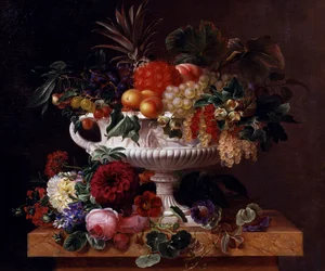 Klassisk urna med vinbär, aprikoser, hasselnötter och svarta vinbär. Målning av Johan Laurentz Jensen (1800-1856) Privat samling.
