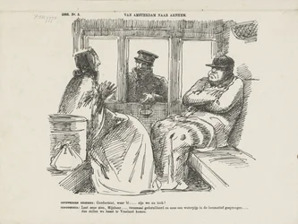 Tecknad film om de många olyckorna på Rhijnspoorweg, 1866 Från Amsterdam till Arnhem (titel på objekt)