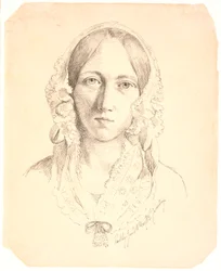 Porträtt av en ung kvinna, ett ansikte. Möjligen representerar Louise Marie Neergaard (1816-1895)