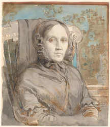 Porträtt av konstnärens mor, överste Cathrine Lundbye (f. Bonnevie); halvfigur sittande i stol till höger.