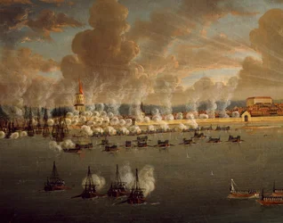 Gustav III:s svenska flotta belägrar Frederikshavn, 20 maj 1790, av Johan Tietrich Schoultz (1754-1807), rysk-svenska krig, danska