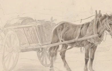 En vagn tecknad av en brun häst nära en lampstolpe, Verso: En grupp beridna officerare, ca. 1815.