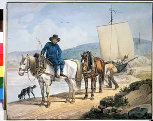 ""En häst och vagn vid floden"". Hästar längs en flod som bogserar en båt eller används för att lossa gods på en dragbana". Målning av Johann Adam Klein (1792-1875)