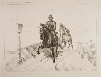 Två ryttare i galopp på en bro