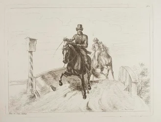 Två ryttare i galopp på en bro