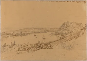 Vy över Koblenz med Rhen och fästningen Ehrenbreitstein (recto); Vy över Heidelberg slott (verso)