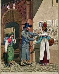 En försäljare av populära ballader och tryck, en skomakarlärling, från en serie wienertyper omkring 1810 ...