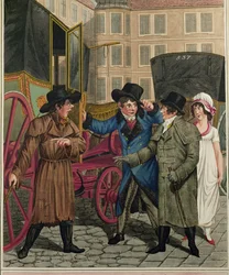 Taxichaufför och förmögna kunder, från en serie wienertyper ...