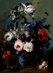 Stilleben med rosor, vallmo och iris. Målning av Johann Baptist Drechsler (1756-1811) Privat samling.