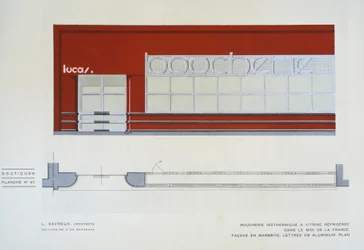 Boucherie Isothermique a Vitrine Refrigeree, L Savreux, Boutiques, Henry Delacroix, Editions S De Bonadona, Paris, sent 1920-tal, Pochoir Print