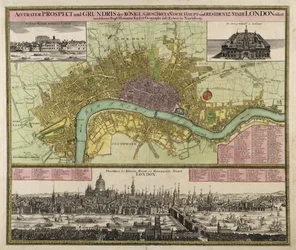 Karta och utsikt över London, ca 1710 (handfärgad gravyr)