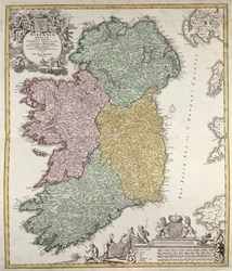 Karta över Irland som visar provinserna Ulster, Munster, Connaught och Leinster, av Johann B. Homann, ca 1730 (handfärgad gravyr)