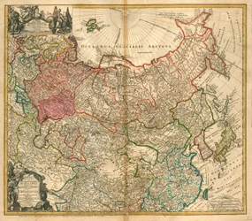Karta över Ryssland (Från: Karta över det ryska imperiet och Tartary till hela Mindre Asien och Europa) - Homann, Johann Baptist (1663-1724) - 1738 - Kopparstick, akvarell - Privat samling